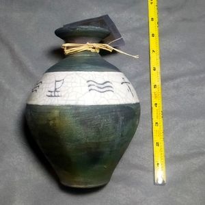 Green vase by Raku Petroglyph Art